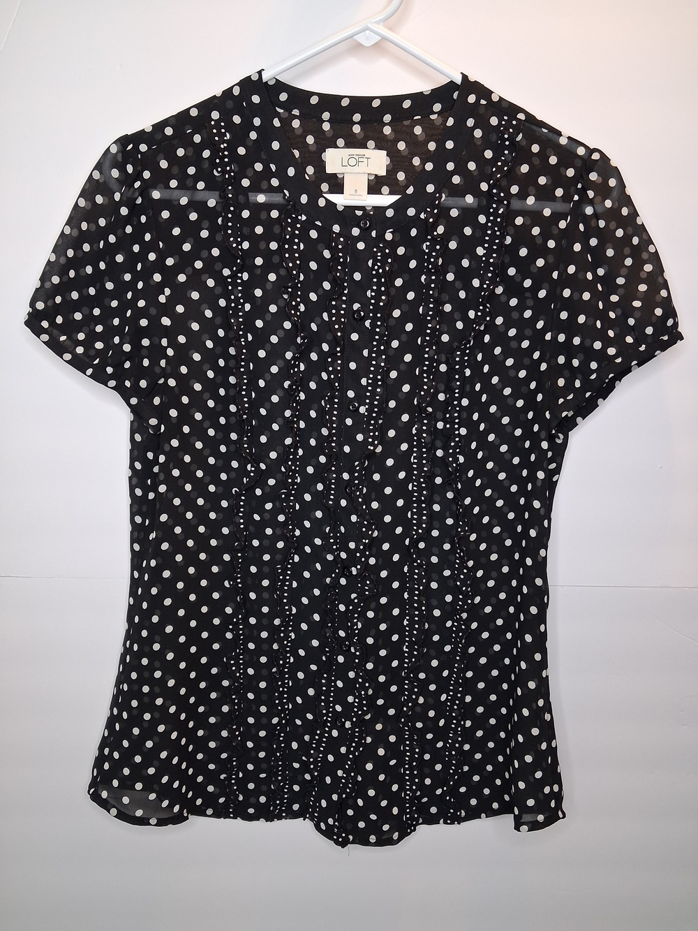 LOFT Black & White Polka Dot Ruffle Short-Sleeve Blouse